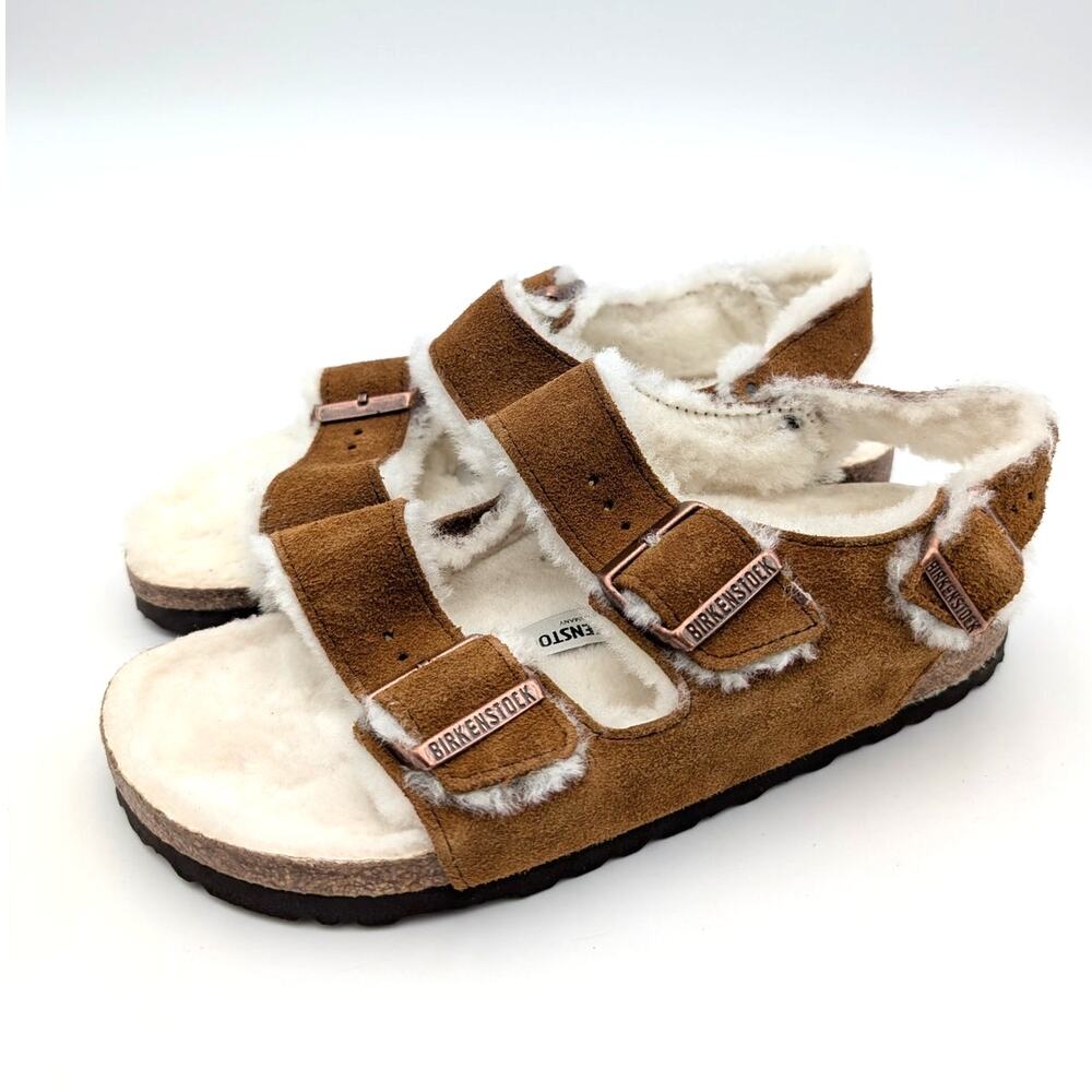Birkenstock Milano Suede Shearling Sandals Unisex Mink Size US W6/M4 EU37